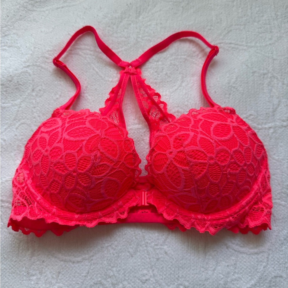 PINK Victoria's Secret Neon Lace Racerback Bra front clip 34B